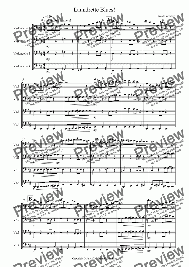 page one of Laundrette Blues!  for Cello Quartet