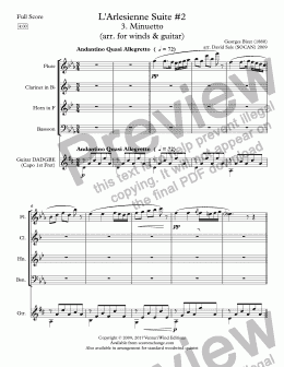 page one of Minuetto from l'Arlesienne Suite #2 (flute, clarinet, horn, bassoon, guitar)