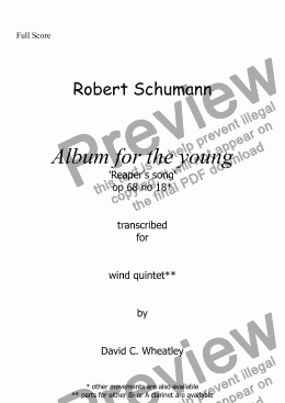 page one of Schumann Album for the young op 68 no 18 'Reaper's song' for wind quintet