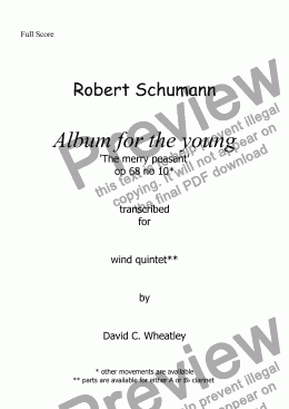 page one of Schumann Album for the Young op 68 no 10 'The merry peasant' for wind quintet