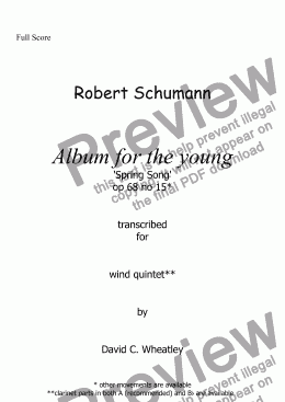 page one of Schumann Album for the young op 68 no 15 'Spring song' for wind quintet