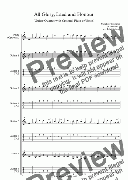 page one of All Glory, Laud and Honour - Classical Guitar Quartet with TAB and Optional Flute