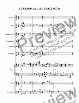 page one of Mi Tango No. 2 - Al Abstracto (flute-piccolo, clarinet, one player marimba & percussion, piano, violin, cello)