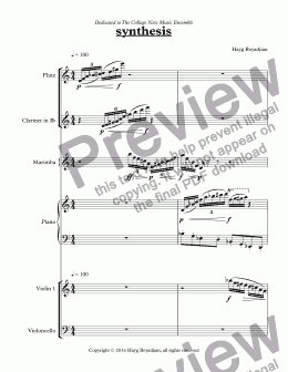 page one of synthesis (flute, clarinet, marimba & percussion, piano, violin, cello)