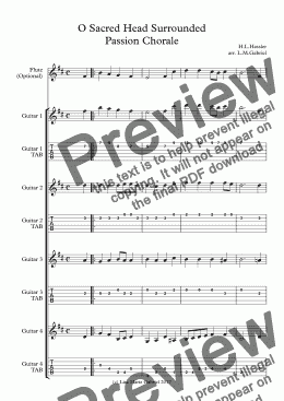page one of O Sacred Head Surrounded Passion Chorale - Guitar Quartet with TAB and Optional Flute
