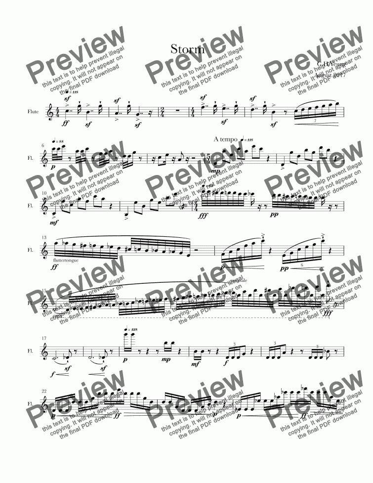 page one of Storm for solo Flute