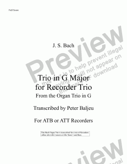 page one of Bach Trio in G Major for ATB or ATT Recorders