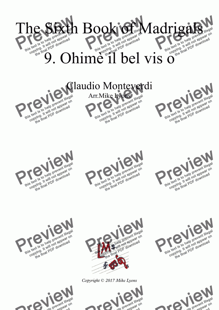 page one of Brass Quintet - Monteverdi Madrigals Book 6 - 09. Ohimè il bel vis o