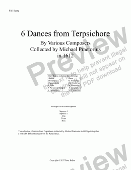 page one of Terpsichore 6 Dances for Recorder SSATB