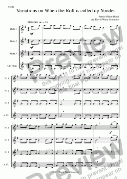 page one of Variations on When the Roll Is Called Up Yonder for flute quartet