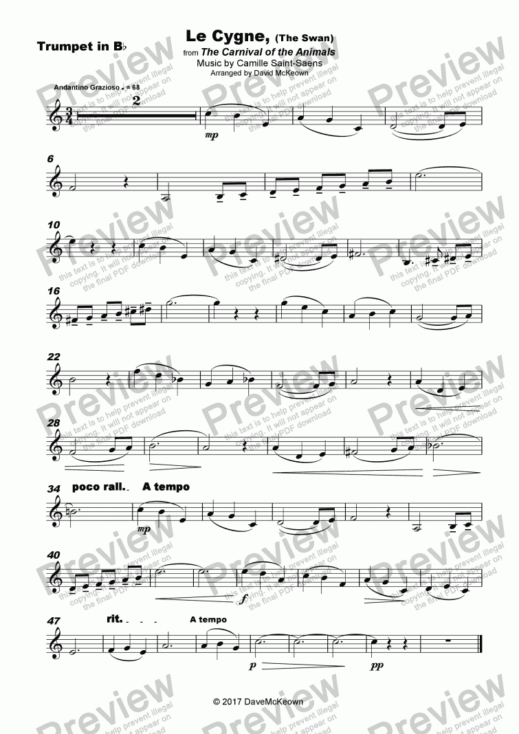 page one of The Swan, (Le Cygne), by Saint-Saens, for Trumpet and Piano