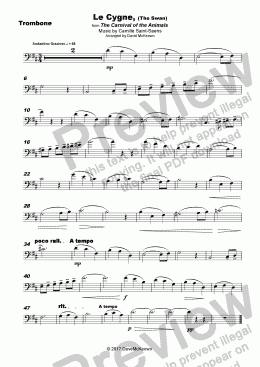 page one of The Swan, (Le Cygne), by Saint-Saens, for Trombone and Piano