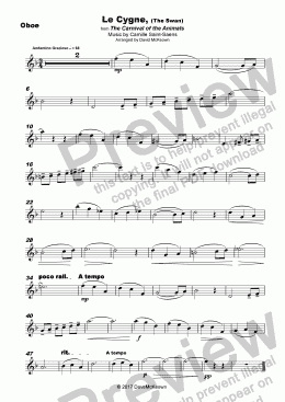 page one of The Swan, (Le Cygne), by Saint-Saens, for Oboe and Piano