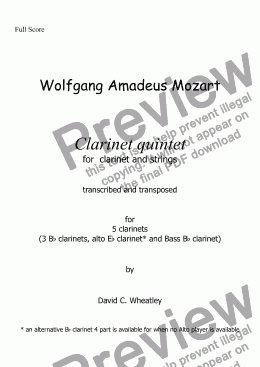 page one of Mozart - Clarinet quintet 1st mvt for 5 clarinets transcribed by David Wheatley