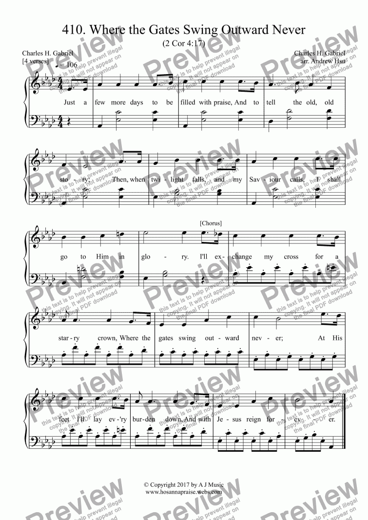 page one of Where the Gates Swing Outward Never - Easy Piano 410