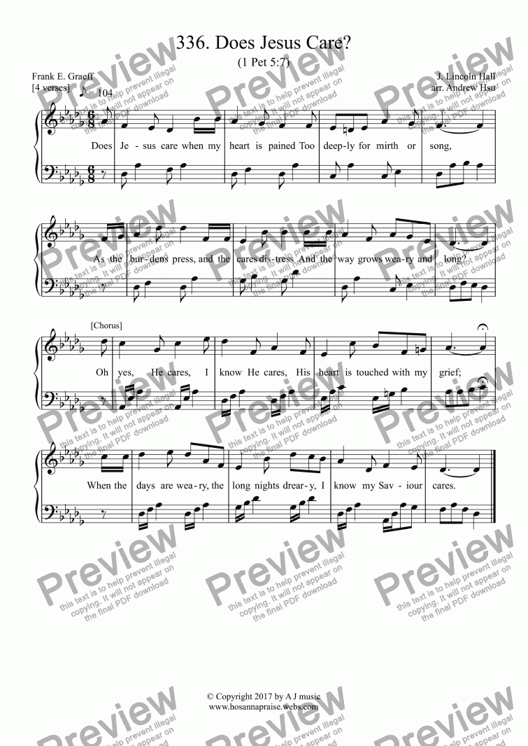 page one of Does Jesus Care? - Easy Piano 336. 