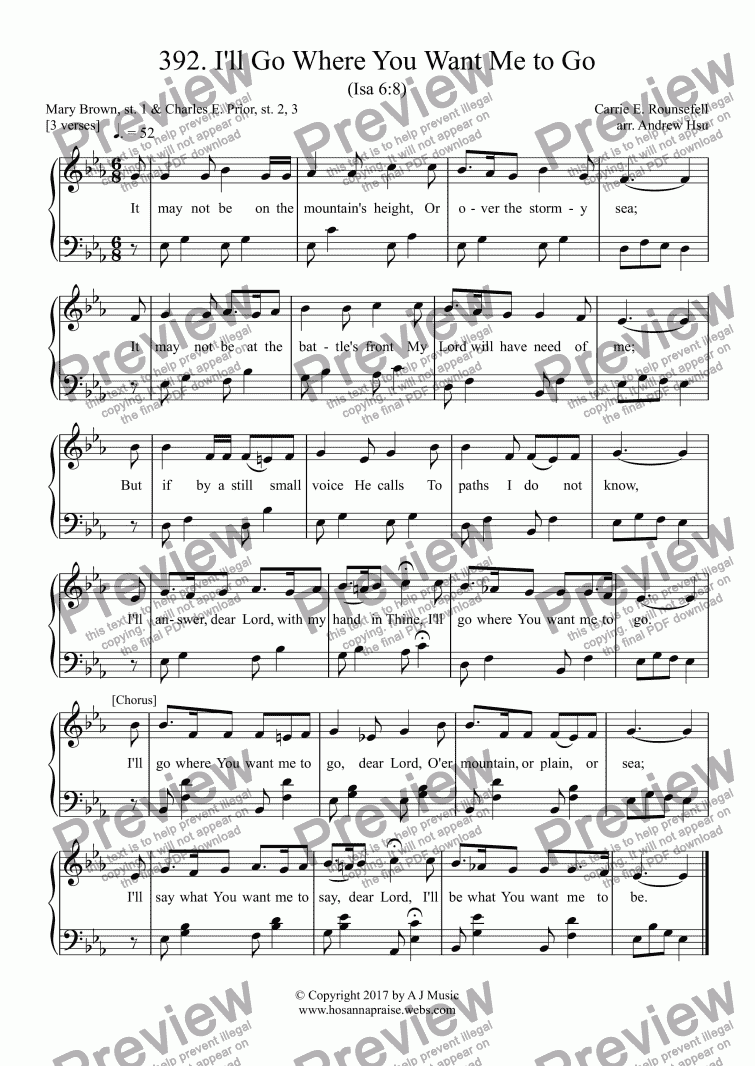 page one of I'll Go Where You Want Me to Go - Easy Piano 392