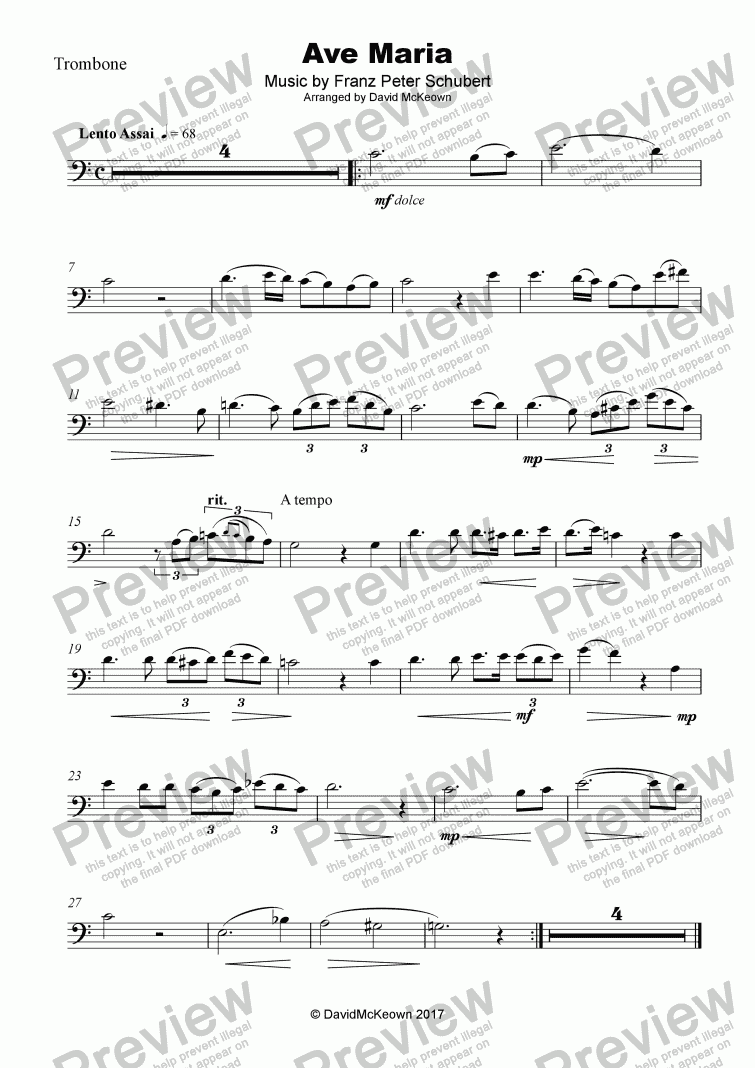 Ave Maria By Franz Schubert For Trombone And Piano Sheet Music Pdf