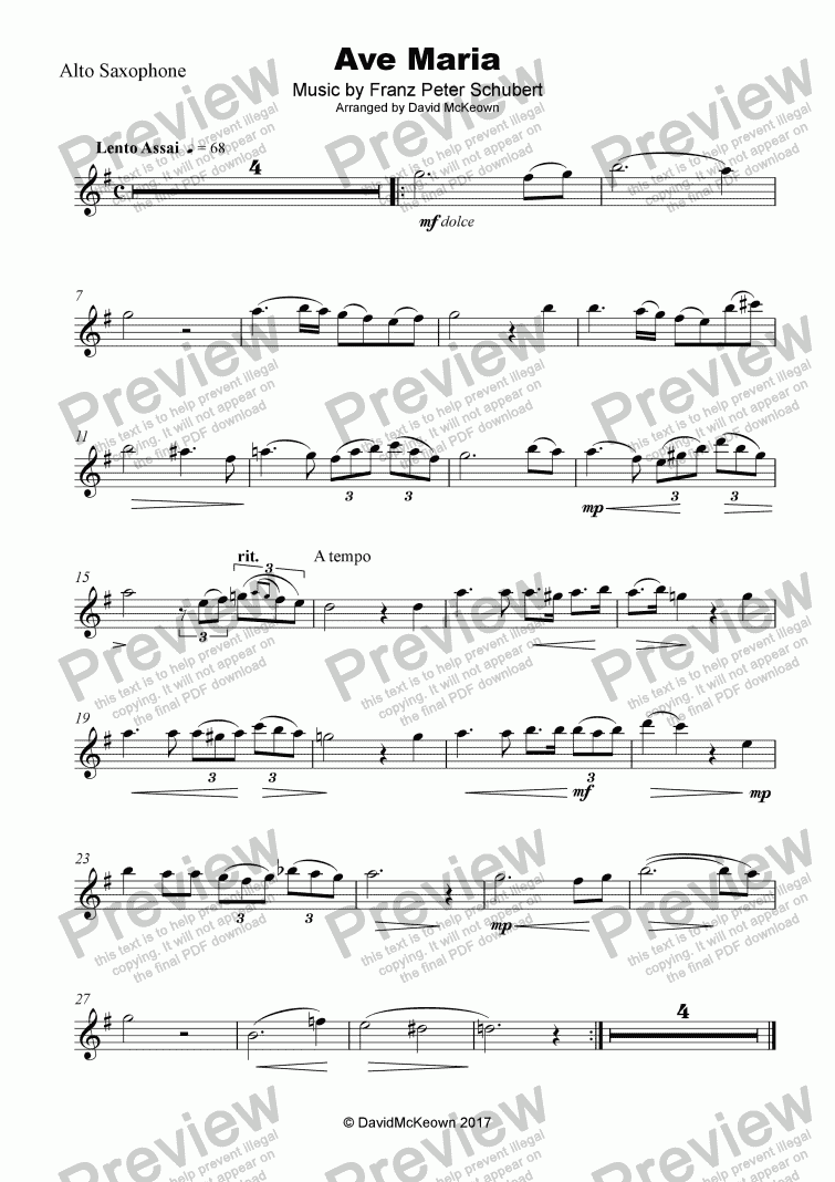 page one of Ave Maria by Franz Schubert, for Alto Saxophone and Piano