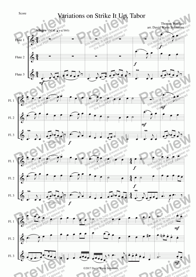 page one of Variations on "Strike It Up, Tabor" for flute trio