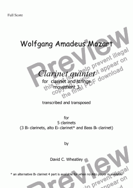 page one of Mozart - Clarinet quintet 3rd mvt for 5 clarinets transcribed by David Wheatley