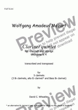 page one of Mozart - Clarinet quintet 4th mvt for 5 clarinets transcribed by David Wheatley