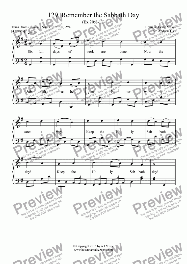 page one of Remember the Sabbath Day - Easy Piano 129