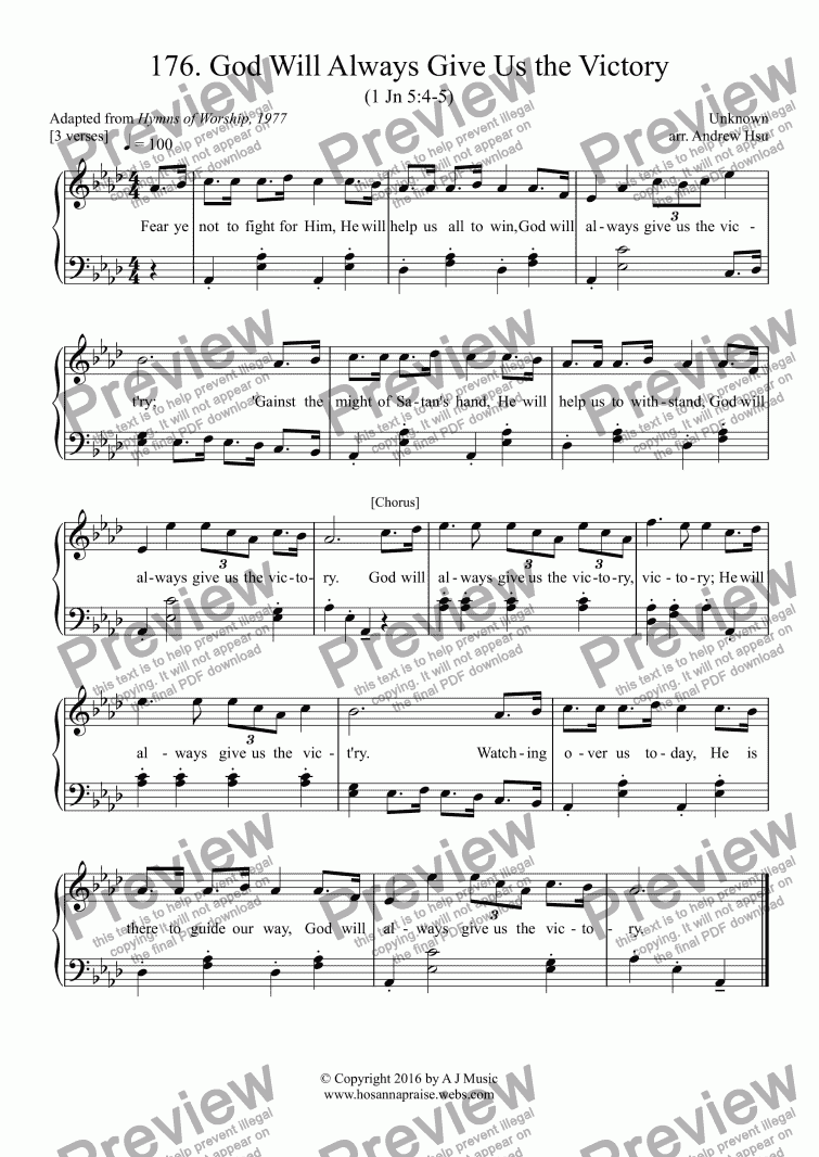 page one of God Will Always Give Us the Victory - Easy Piano 176