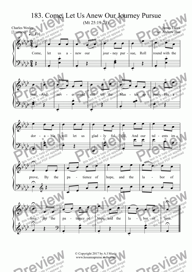 page one of Come, Let Us Anew Our Journey Pursue - Easy Piano 183