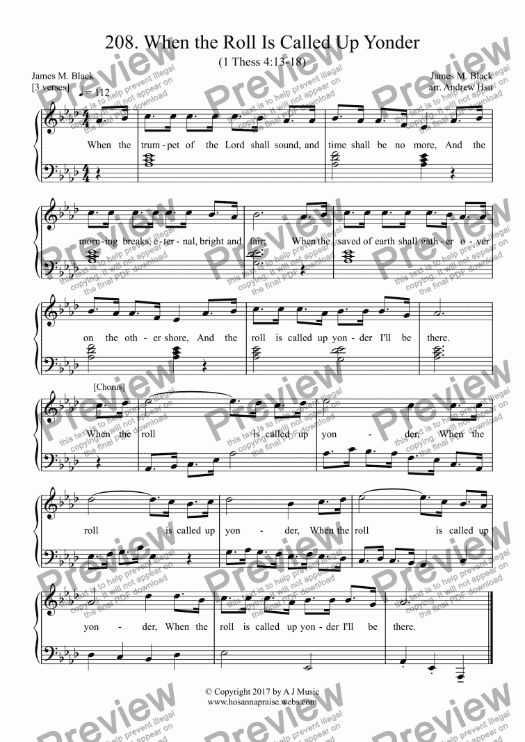 page one of When the Roll Is Called Up Yonder - Easy Piano 208
