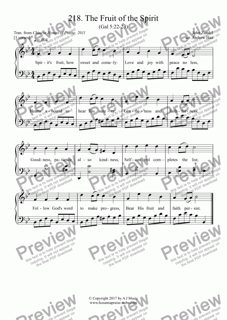 page one of The Fruit of the Spirit - Easy Piano 218
