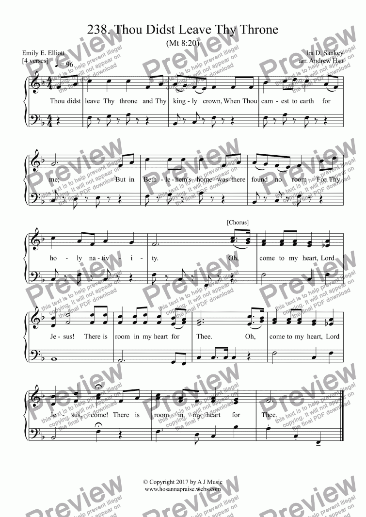 page one of Thou Didst Leave Thy Throne - Easy Piano 238