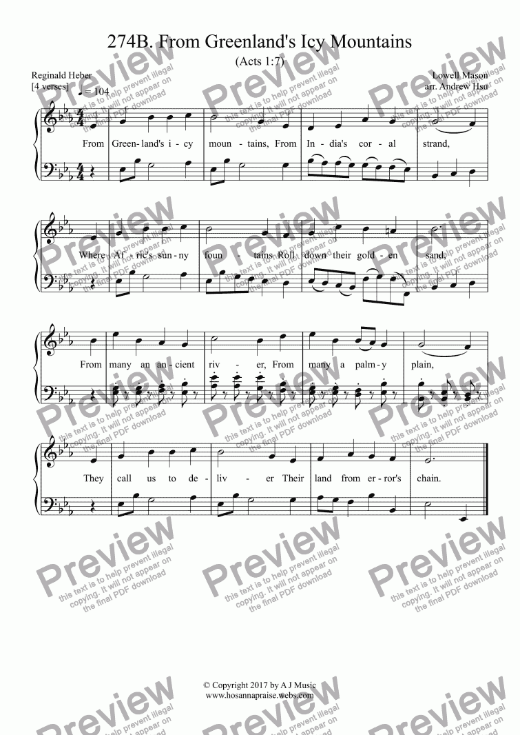 page one of From Greenland's Icy Mountains - Easy Piano 274B