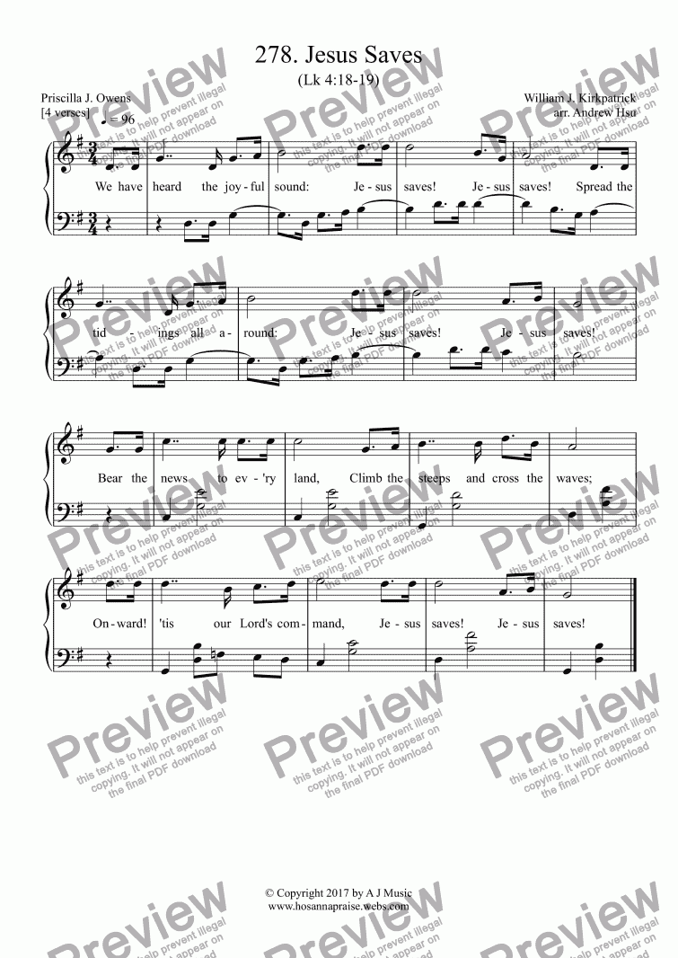 page one of Jesus Saves - Easy Piano 278