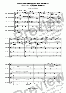 page one of Jesu Joy of Man's Desiring, J S Bach, for Saxophone Quintet