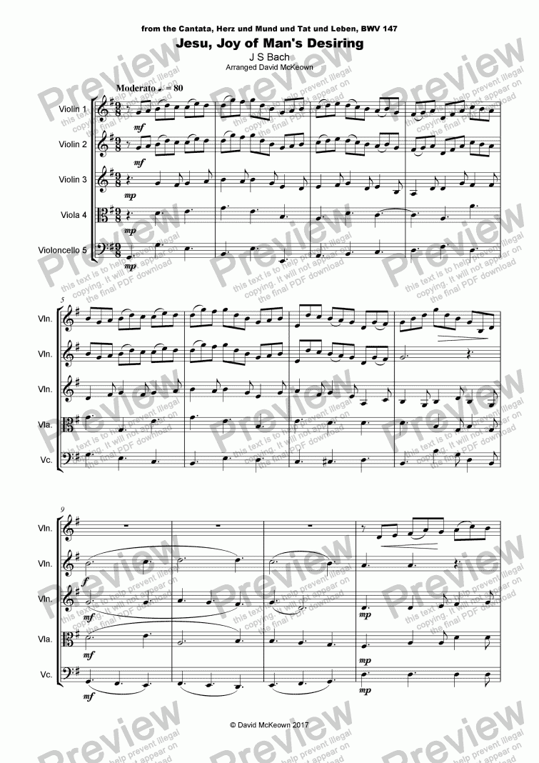 page one of Jesu Joy of Man's Desiring, J S Bach, for String Quintet or String Orchestra