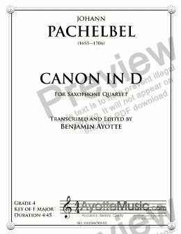 page one of Pachelbel - Canon in D (Saxophone Quartet)