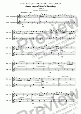 page one of Jesu Joy of Man's Desiring, J S Bach, Duet for Two Tenor Saxophones