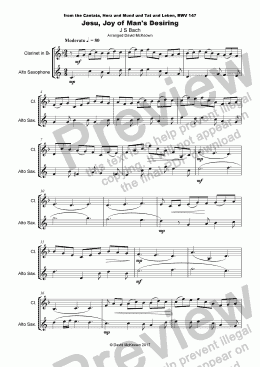 page one of Jesu Joy of Man's Desiring, J S Bach, Duet for Clarinet and Alto Saxophone