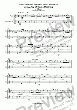 page one of Jesu Joy of Man's Desiring, J S Bach, Duet for Flute and Clarinet