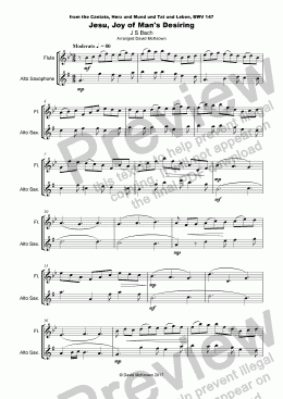 page one of Jesu Joy of Man's Desiring, J S Bach, Duet for Flute and Alto Saxophone