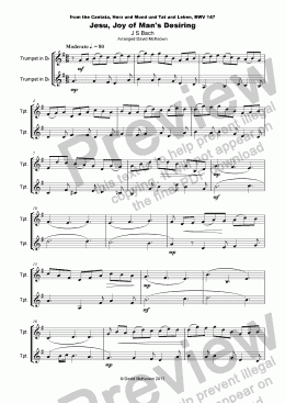 page one of Jesu Joy of Man's Desiring, J S Bach, Duet for two Trumpets