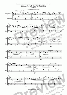 page one of Jesu Joy of Man's Desiring, J S Bach, Duet for Trumpet and Trombone