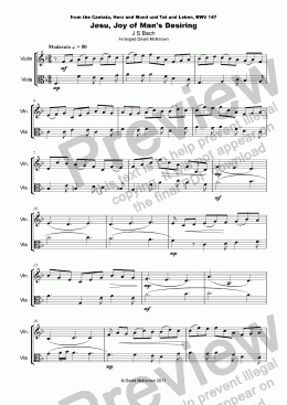 page one of Jesu Joy of Man's Desiring, J S Bach, Duet for Violin and Viola