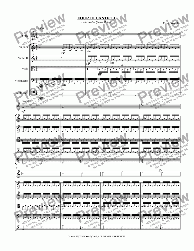 page one of Fourth Canticle (flute [C foot] & string quintet)