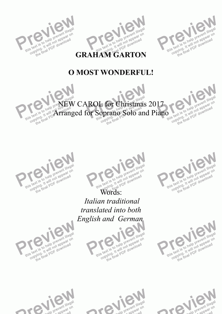 page one of CAROL - 'O MOST WONDERFUL' CAROL FOR 2017 Arranged for Soprano or Tenor Solo and Piano