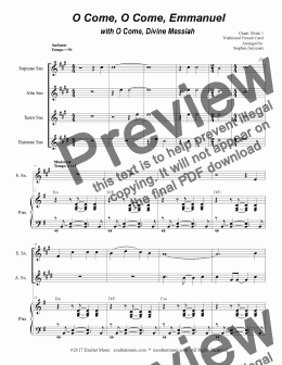 page one of O Come, O Come, Emmanuel with O Come, Divine Messiah (for Saxophone Quartet)