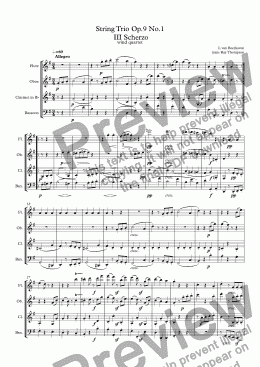 page one of Beethoven: String Trio Op.9 No.1  III Scherzo - woodwind quartet