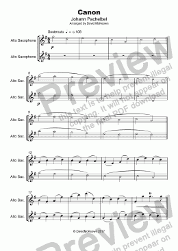 page one of Pachelbel's Canon, Duet for Alto Saxophone (with optional bass part)
