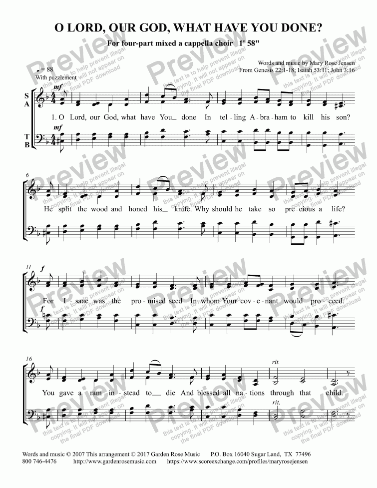 page one of O Lord, Our God, What Have You Done? (SATB mixed a cappella choir)
